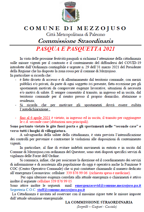 Comunicato misure anticovid Pasqua e Pasquetta